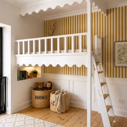 Compact kids' bedroom with wall-mounted desk and smart storage